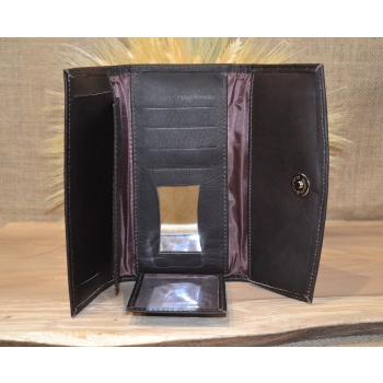 Portfel duży skórzany ciemnobrązowy z etnicznym kolorowym haftem .